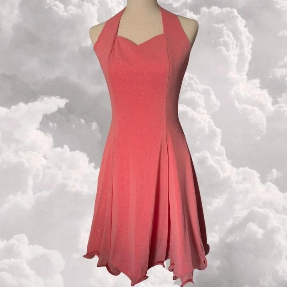 Vintage 80s Pink Sparkling Sweetheart Halter Fit and Flare Dress size S/M - Picture 1 of 7